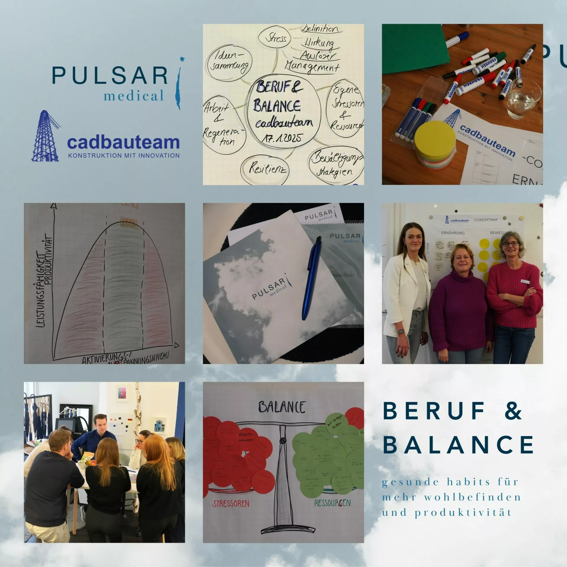 Collage zeigt Bilder und Eindrücke des Workshops „Beruf & Balance“.