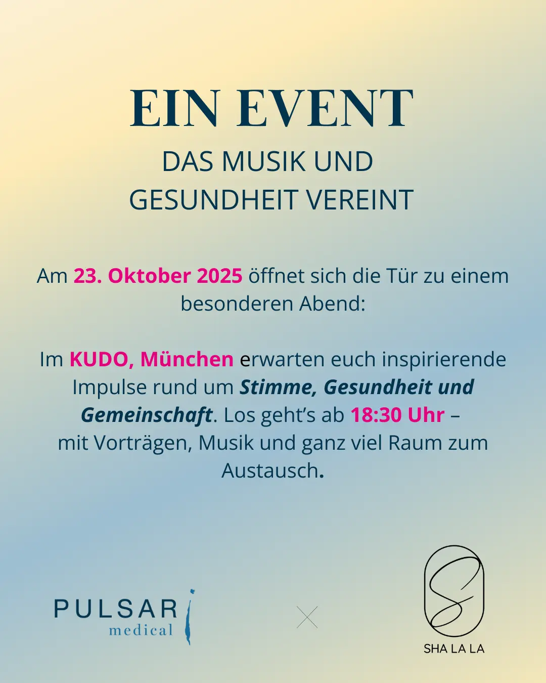 Ein Eventplakat, das Musik und Gesundheit am 23. Oktober 2025 im KUDO, München, ankündigt.